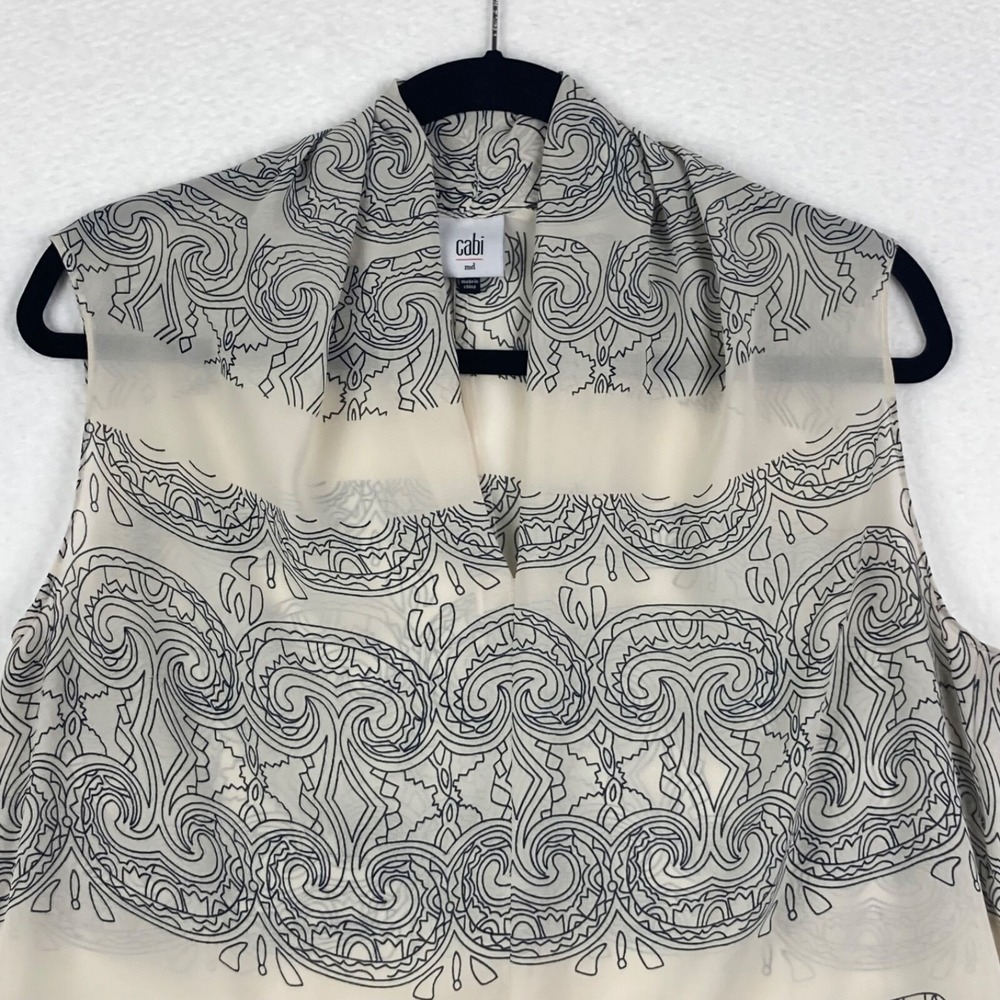 CAbi #3091 Scrollwork Sleeveless Tunic Top Size medium Cream Black Split Neck - Picture 2 of 11